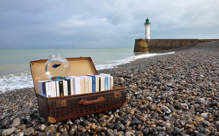 Maleta-viaje-resistente Maleta con libros en una playa con faro